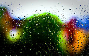 窗戶上的雨滴，窗外模糊的彩色燈光和綠植。