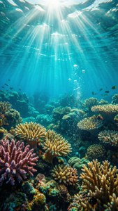 陽光穿過海水照射在色彩繽紛的珊瑚礁上，魚群在水中游動。
