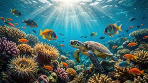 海龜在陽光普照的海洋中於珊瑚和魚群之間游泳