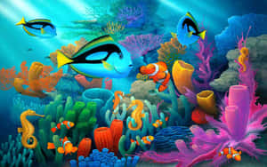 珊瑚礁間有魚類和海馬的多彩水下場景。