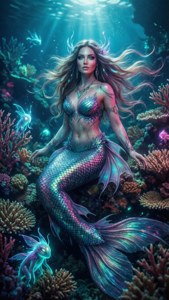一位擁有發光鱗片和飄逸頭髮的人魚，坐在水下的彩色珊瑚礁中。