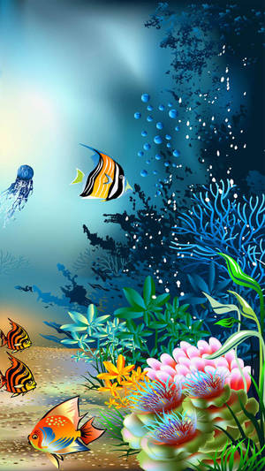 陽光普照的水底場景中，色彩繽紛的熱帶魚、珊瑚和水母。