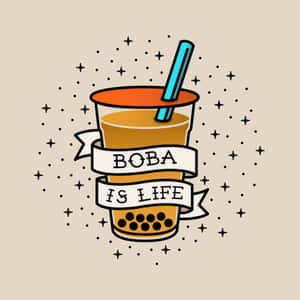 波霸奶茶杯，帶有寫著「Boba is life」的橫幅，周圍環繞著星星和圓點。