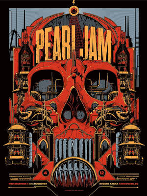 一個風格化的紅色骷髏頭，內部有工業建築，宣傳 Pearl Jam 演唱會。 — 音樂美學 壁紙