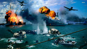 軍艦在烈火混亂中爆炸，飛機在頭頂飛過，水手們在洶湧水域中掙扎。 — 戰爭 壁紙
