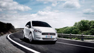 白色Fiat Punto在晴朗的天空下在彎曲的道路上穿過綠蔭加速行駛。