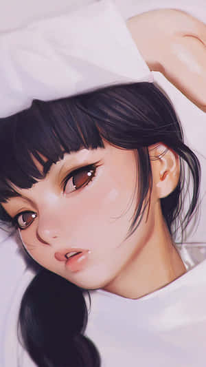 深色頭髮和棕色眼睛的動漫女孩躺在白色床單上，向上看。 — 靚靚動畫 壁紙