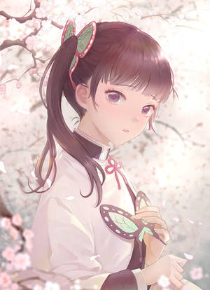 動漫女孩在櫻花下捧著蝴蝶 — 鬼滅之刃 壁紙