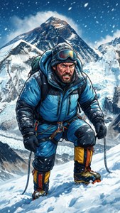 一位身穿藍色裝備的攀登者在星空下攀登積雪的山峰。