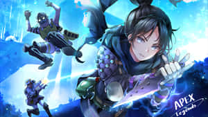《Apex Legends》的動漫角色手持發光武器進行空中戰鬥。