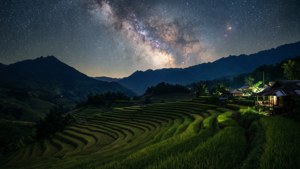 銀河下的梯田，以山為背景，夜間亮燈的木屋