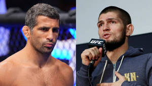 兩名男性UFC拳手，一名在八角籠中赤裸上身，一名對著麥克風說話