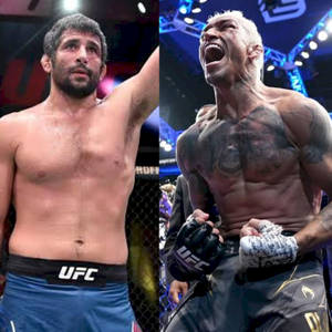兩位UFC拳手在明亮的燈光下於八角籠中慶祝勝利。