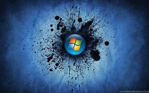 Windows 標誌被帶紋理的藍色背景上的黑色墨水飛濺包圍。
