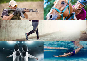 六個動作鏡頭：步槍射手、騎馬者、跑步者、劍擊手和泳手。
