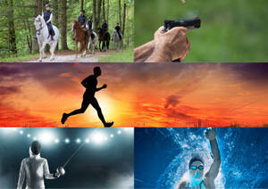 各種運動的運動員，包括馬術、射擊、跑步、劍擊和游泳。