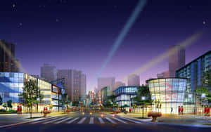 未來主義的夜晚城市，在星空下閃爍的建築物和探照燈。
