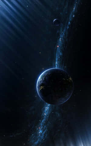 被藍色星雲和星星包圍的發光城市行星