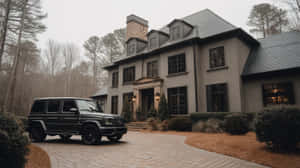 黑色 Mercedes G-Class 停泊在大型米色豪宅前，有石頭車道和光禿禿的樹木。 — 設計 壁紙