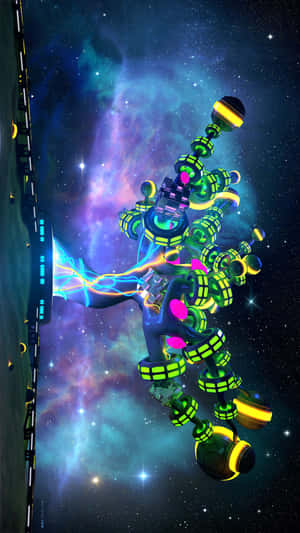 太空中發光的機械外星生物，帶有霓虹色彩和宇宙背景。