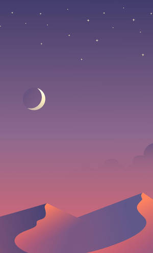 夜晚紫色粉紅沙丘上方的新月和星星。