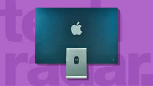 銀色支架上的青色 Apple iMac，紫色背景配文字。 — 電腦 GIF 壁紙