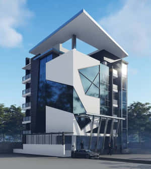 現代玻璃和白色建築，幾何設計，入口附近有人。 — 建築 壁紙