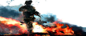 士兵在戰鬥場景中穿越火焰和煙霧奔跑。