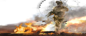 身穿戰鬥裝備的士兵在火焰中奔跑，帶有瞄準十字線覆蓋層。