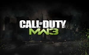 Call of Duty MW3 遊戲標誌，在毀滅的城市天際線上帶有綠色火花。