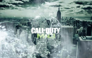 鬼魂般的士兵形象在紐約城市景觀上方，帶有Call of Duty MW2標誌。