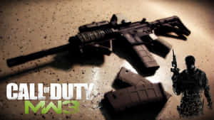 Call of Duty MW3 遊戲標誌，步槍和士兵剪影在粗糙的地面上。