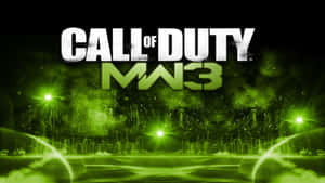 帶有霓虹綠燈光和城市戰爭背景的 Call of Duty MW3 遊戲標誌。