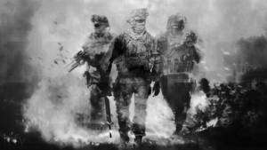 三名身穿戰鬥裝備的士兵穿過煙霧和火焰。
