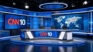 CNN 10新聞工作室，配有弧形桌子和世界地圖背景。