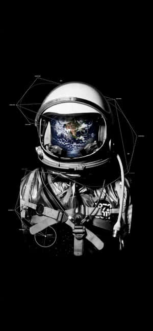 太空人頭盔在黑色背景上以幾何線條反射地球。
