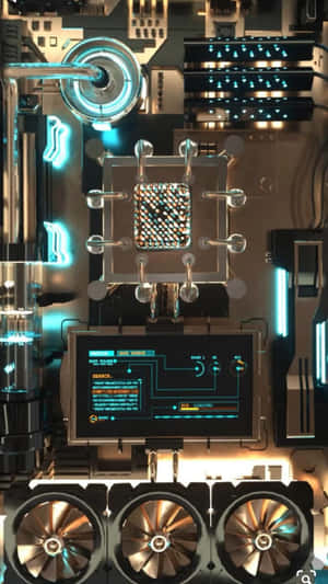 發光電腦主機板特寫，帶有液體冷卻和風扇。