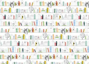 以書籍、地球儀和植物為特色的插圖書架圖案，適合書房或圖書館主題。 — 現代 壁紙