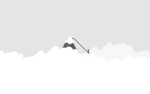 一名登山者攀登從雲層中浮現的積雪覆蓋的山峰。