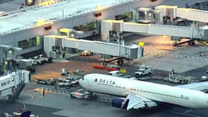 達美航空飛機停在機場閘口，有登機橋和地面車輛。