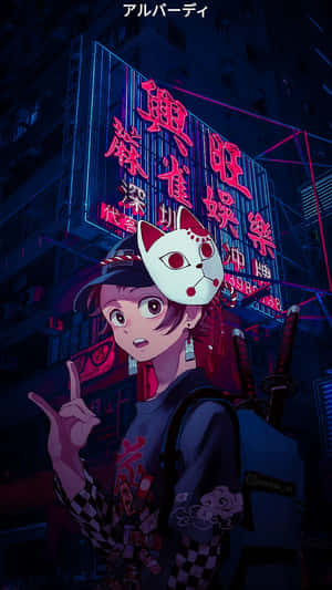 動漫角色戴狐狸面具持劍在霓虹城市夜晚