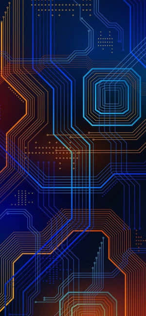 抽象發光電路板設計，在深色背景上帶有藍色和橙色線條 — Honor Win Turbo 壁紙