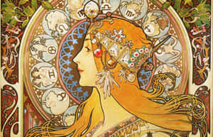 金髮女子與星座符號，新藝術風格