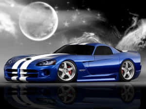 星空夜空下滿月照耀的藍色Dodge Viper跑車，帶有白色條紋。