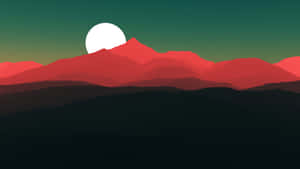 在綠色漸變夜空中，白色月亮下的紅色層疊山脈。
