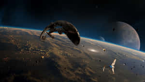 未來的太空船圍繞著一顆有發光城市燈光的行星運行，背景是星空。
