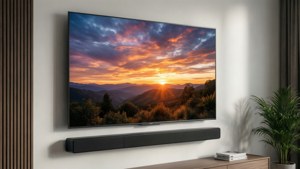 現代電視顯示色彩繽紛的山景日落，下方有 soundbar。