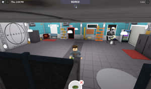 Roblox頭像坐在現代辦公室的辦公桌前，帶有「Monogon Industries」標誌。