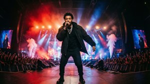 說唱歌手在明亮的燈光和歡呼的觀眾面前表演。 — The Weeknd 壁紙