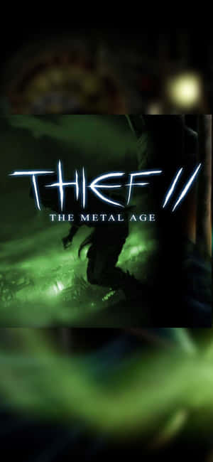 一個深綠色照明的場景，有一個陰暗的人物和遊戲標題 Thief II The Metal Age。 — 銀河F07 壁紙